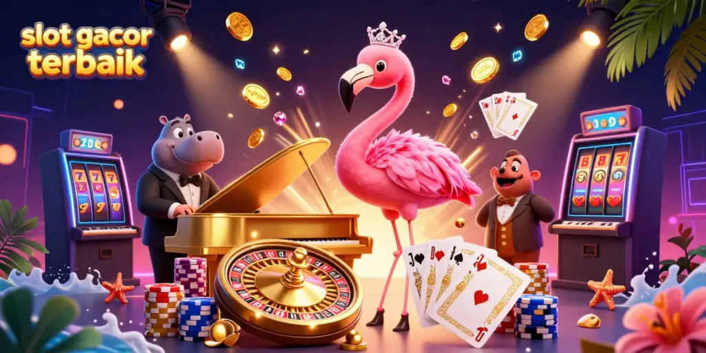 Kemenangan dalam permainan slot gacor terbaik dengan karakter kasino berwarna-warni dan efek visual yang menarik.