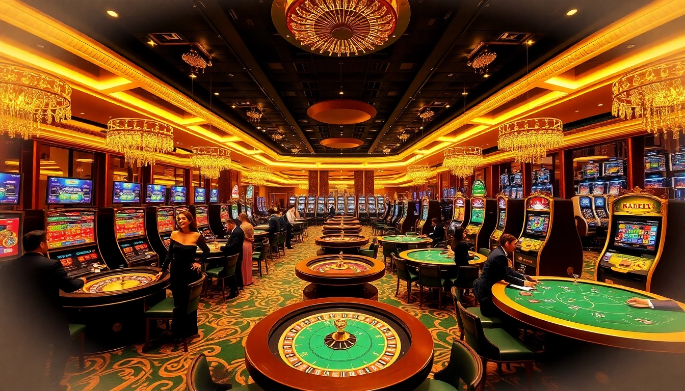 Kubet casino ambiance with elegant players at roulette and slot machines.
