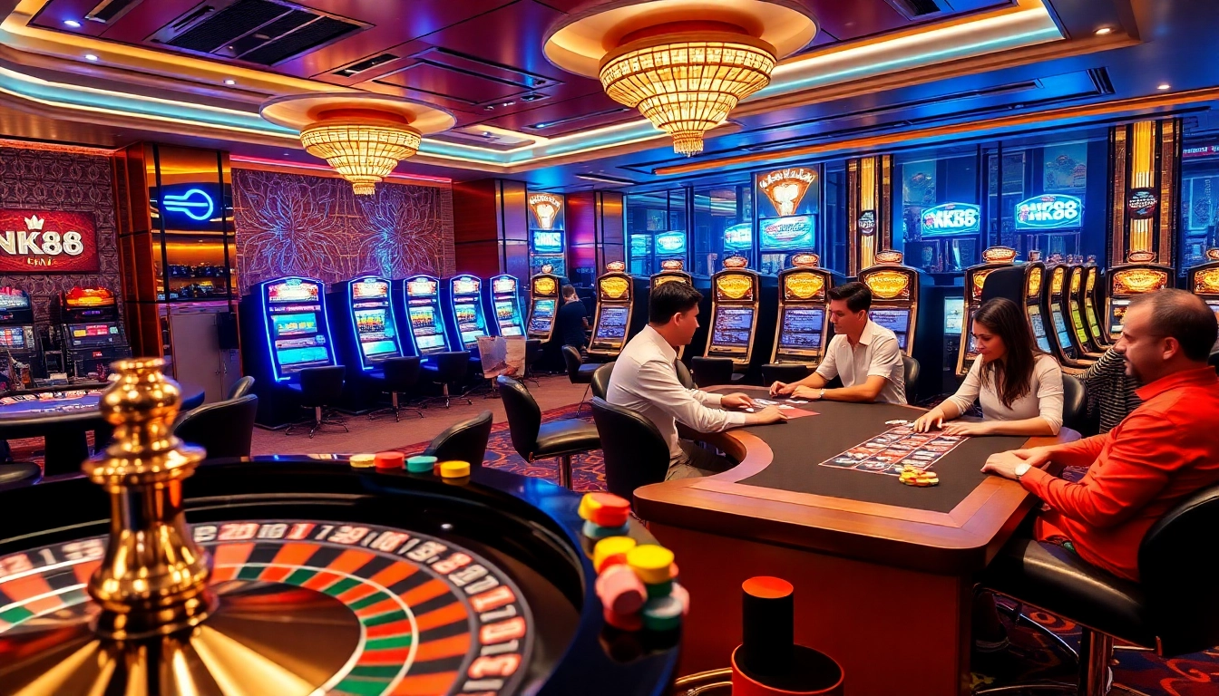 Players engaging in exciting casino games at NK88, with poker tables and roulette wheels.