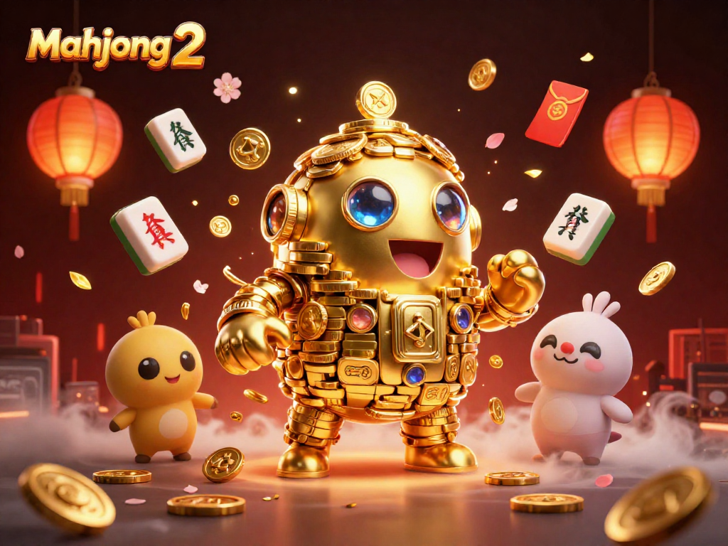 Engage with mahjong 2 in a vibrant casino scene featuring a golden golem and festive game elements.