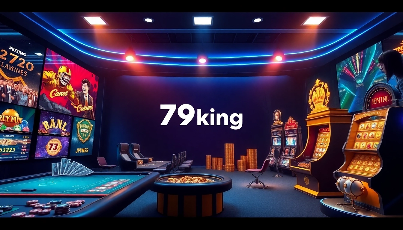 79king's dynamic online gambling interface featuring casino, sports betting, and lottery games, creating an exciting atmosphere.