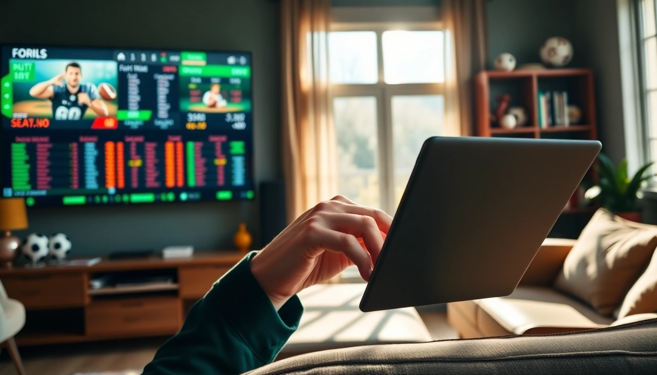 Engaged Sports Betting enthusiast placing bets online in a dynamic living space.