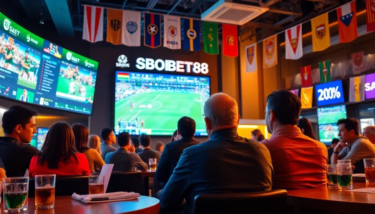 Menyaksikan pertandingan sambil taruhan bersama SBOBET88 di bar olahraga modern.