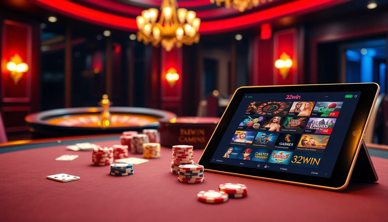 Excited players winning big at 32win casino table with cards and chips.