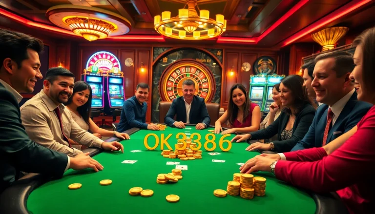 Players enjoying a thrilling poker game at a luxury casino featuring OK8386 elements.