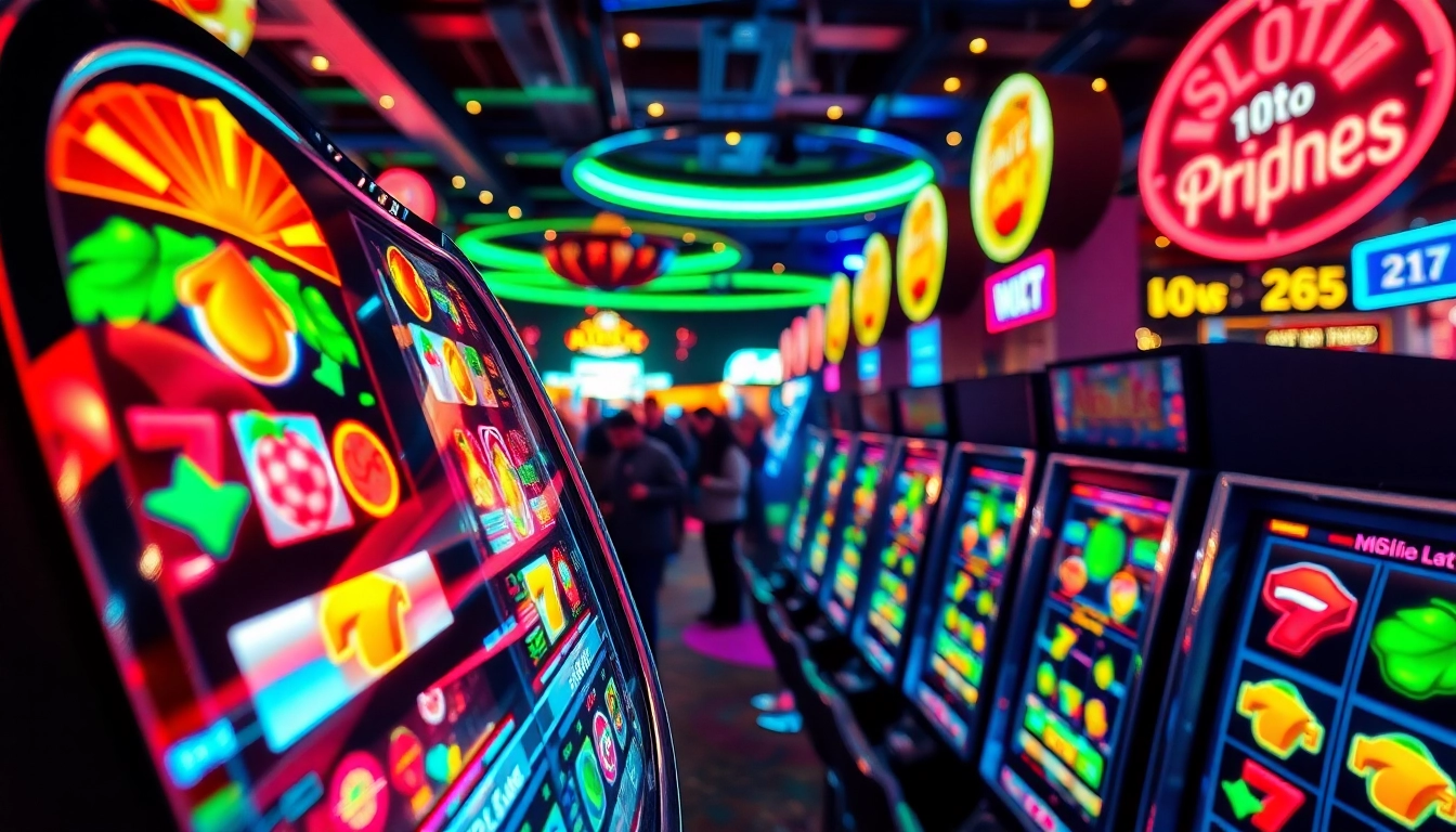 Slot Game dengan mesin slot berwarna-warni dan suasana kasino yang ramai.