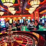 Experience the excitement of Jun88's casino with players at a vibrant roulette table and dazzling slot machines.