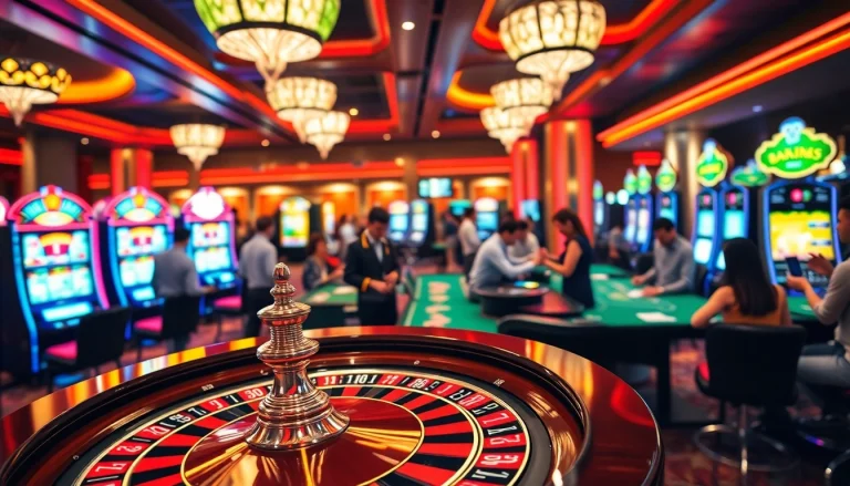 Experience the excitement of Jun88's casino with players at a vibrant roulette table and dazzling slot machines.