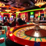 Engaging casino scene featuring a vibrant roulette table filled with colorful chips and players.