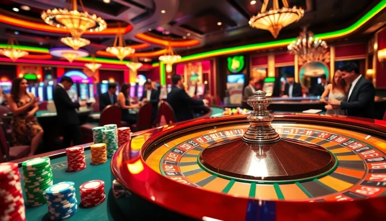 Engaging casino scene featuring a vibrant roulette table filled with colorful chips and players.