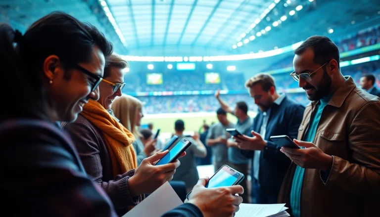 Engaged bettors actively participating in online Betting with digital devices in a lively sports environment.