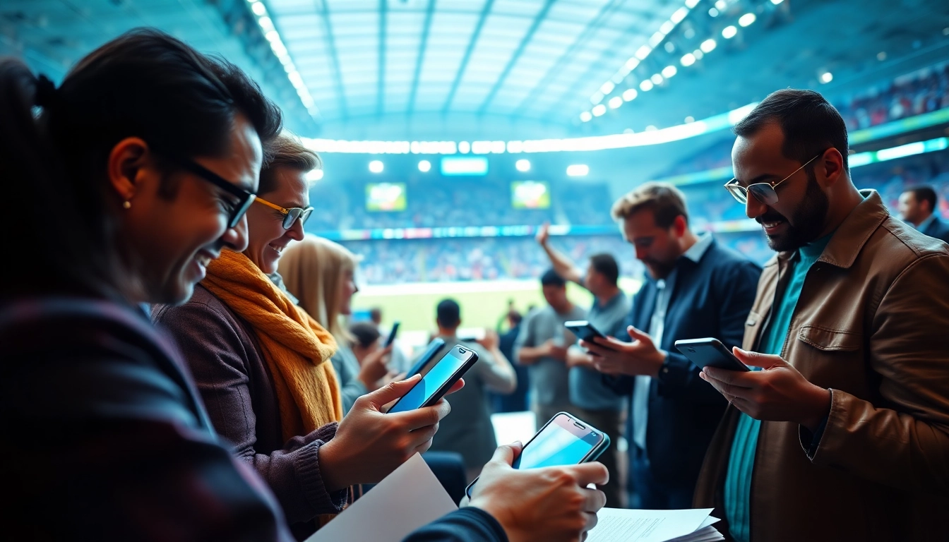 Engaged bettors actively participating in online Betting with digital devices in a lively sports environment.