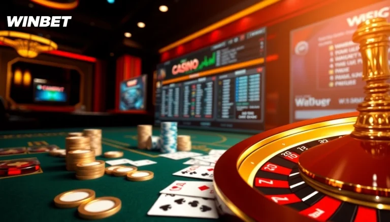 WINBET casino scene featuring poker chips and a roulette wheel, showcasing an exciting online gambling atmosphere.