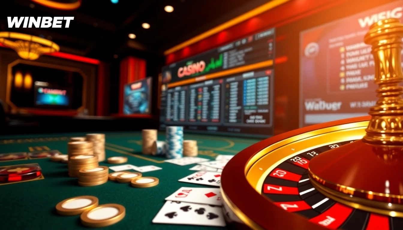 WINBET casino scene featuring poker chips and a roulette wheel, showcasing an exciting online gambling atmosphere.