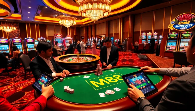 MM88 poker table bustling with players and vibrant casino atmosphere.