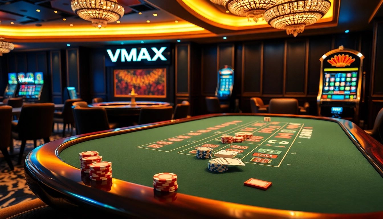 Engaging gamblers at the Vmax high-stakes poker table with vibrant chips and cards.