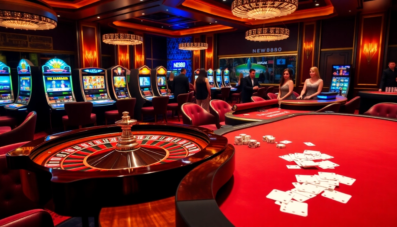 Engage in the thrilling atmosphere of new888 with vibrant casino games and luxury decor.