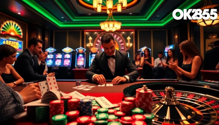 Exciting gambling atmosphere with OK365 branding, featuring roulette, poker, and vibrant betting elements.