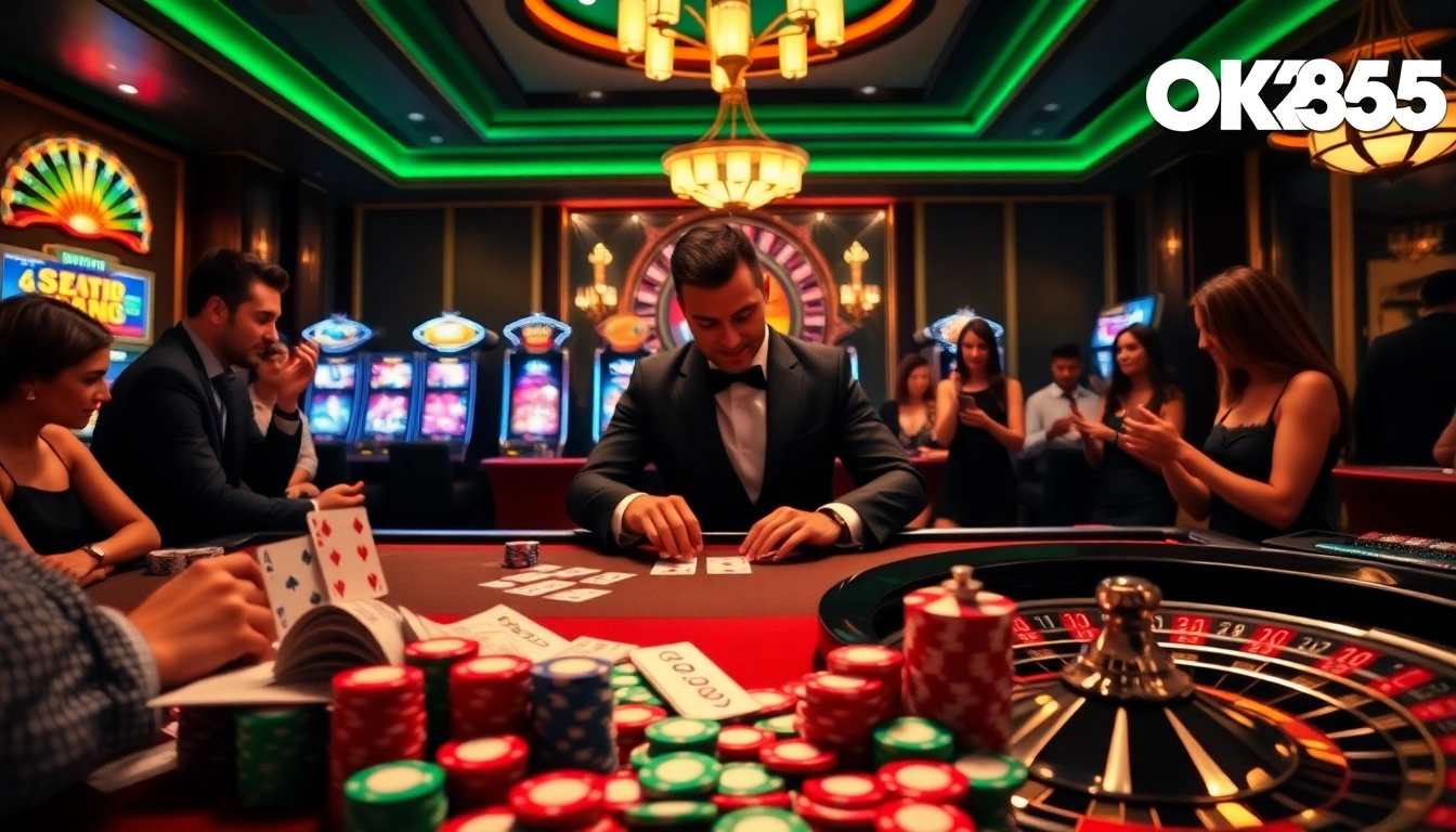 Exciting gambling atmosphere with OK365 branding, featuring roulette, poker, and vibrant betting elements.
