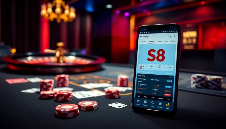Betting on S8 shown in an elegant casino with vibrant lighting and gaming elements.