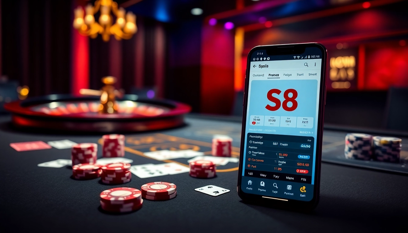 Betting on S8 shown in an elegant casino with vibrant lighting and gaming elements.