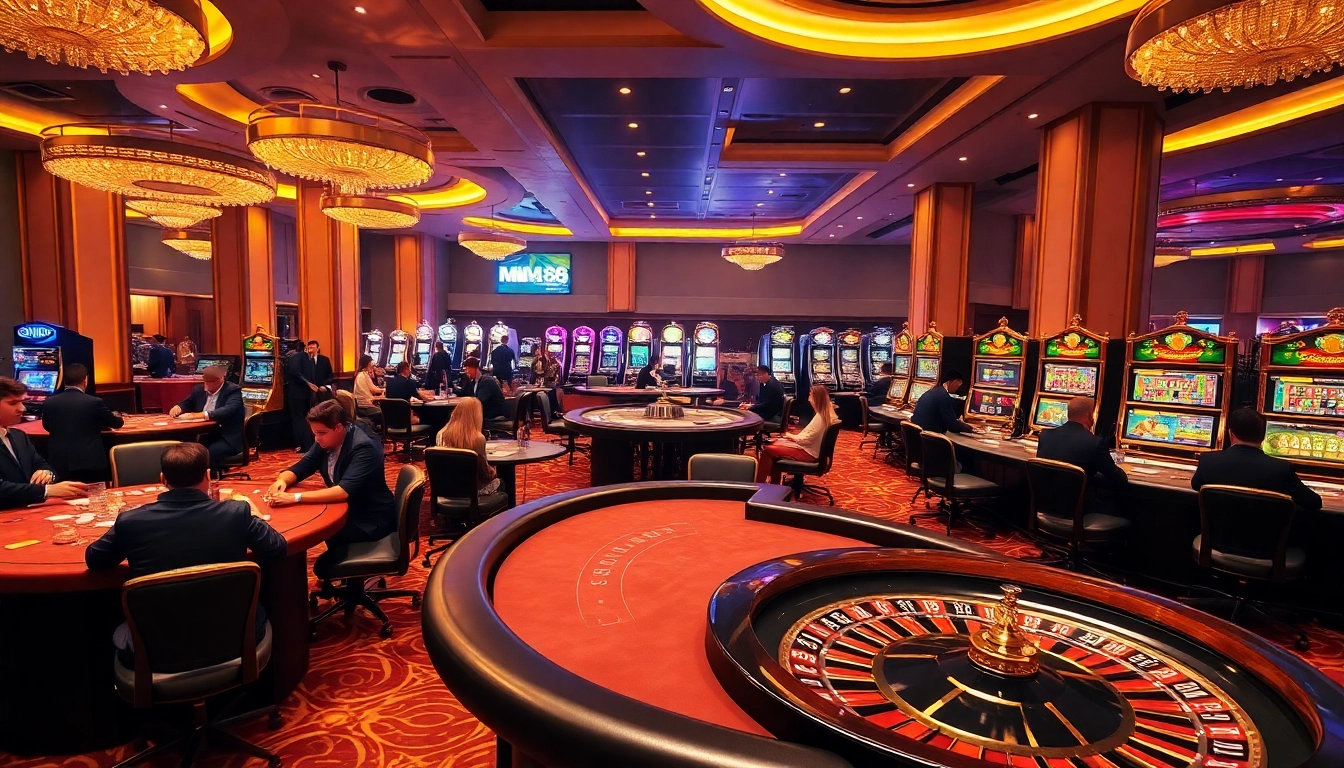 Experience the excitement of MM 88 with players at luxurious casino tables and vibrant slot machines.