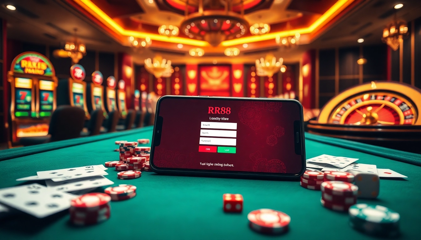 Engaging scene showcasing RR88 đăng nhập on a mobile device with casino elements.