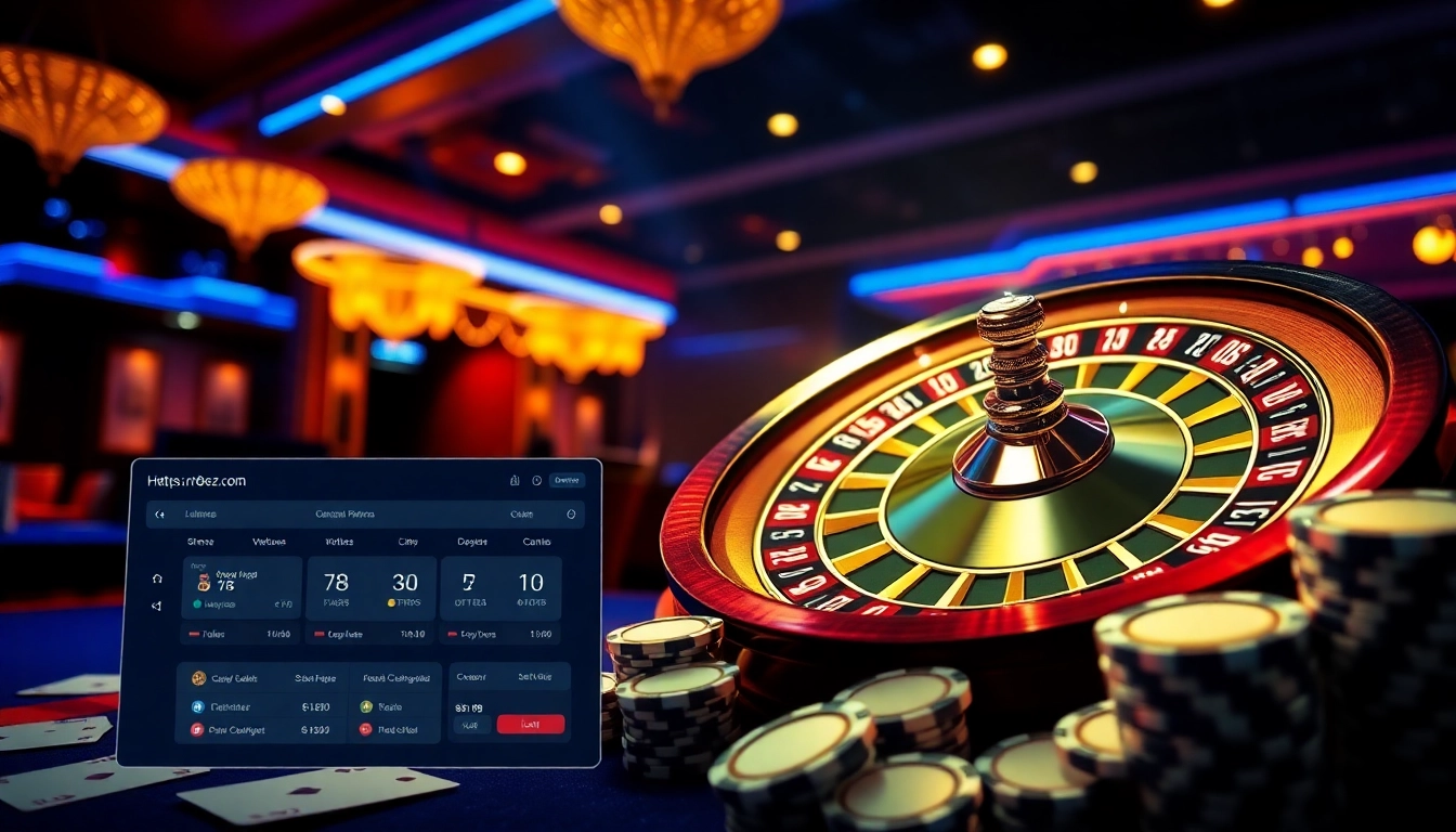 Experience the thrill of gambling at https://rr88ez.com/ with a luxurious casino scene showcasing roulette and poker features.