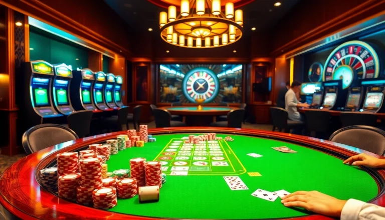 KJC casino table showcasing high-stakes poker with colorful chips and cards.