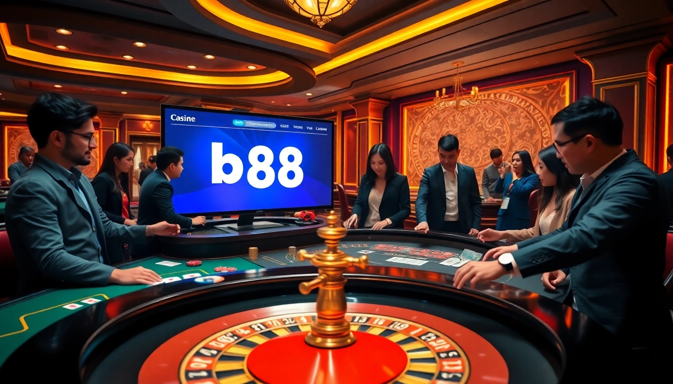 Bet 88 casino players placing bets at a luxury roulette table with vibrant poker chips.
