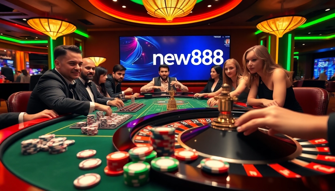 Experience the excitement of new888 gaming at a vibrant casino table with roulette and poker chips.
