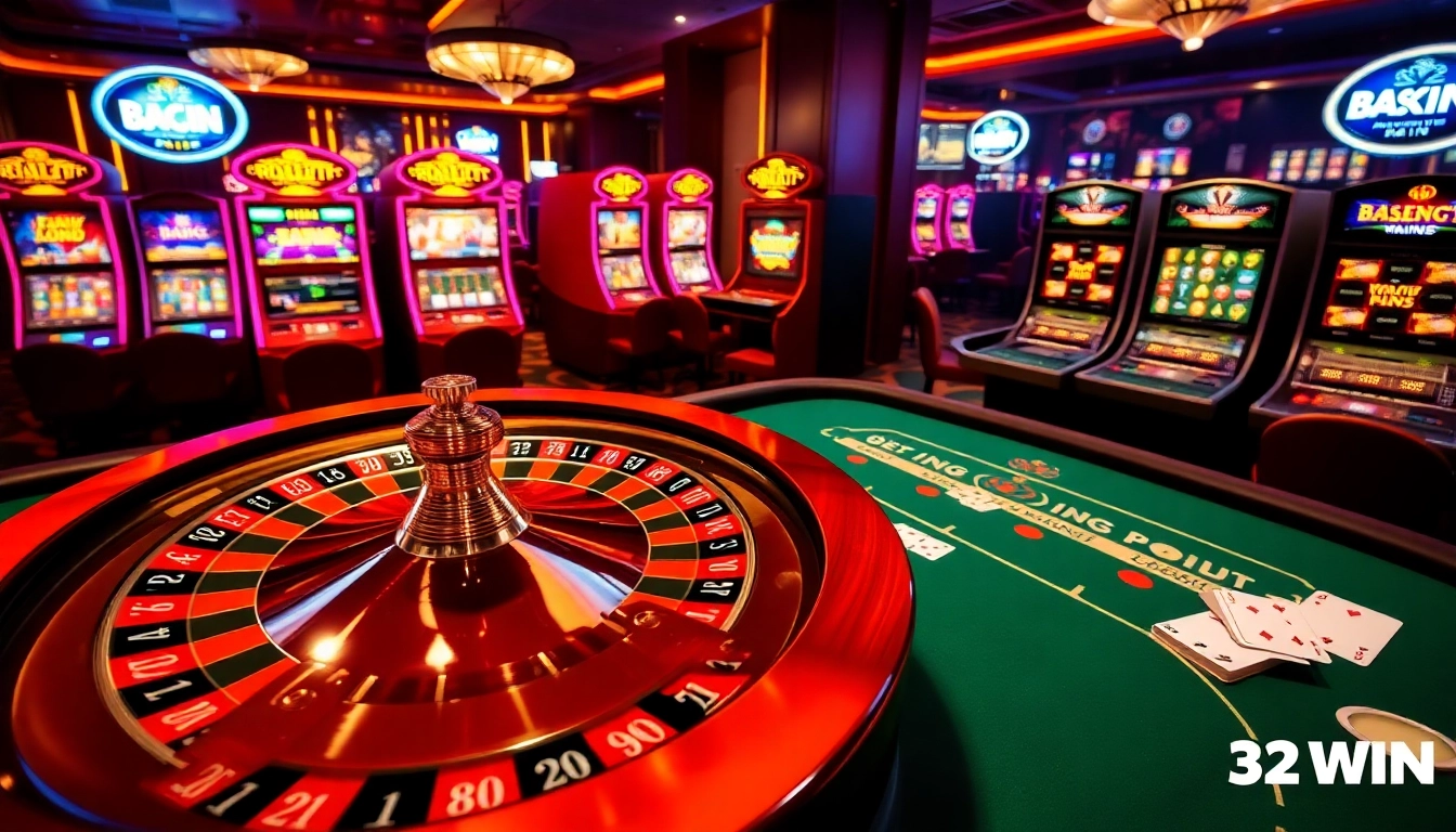 Experience thrilling gameplay at 32WIN with vibrant casino tables and dynamic slot machines.