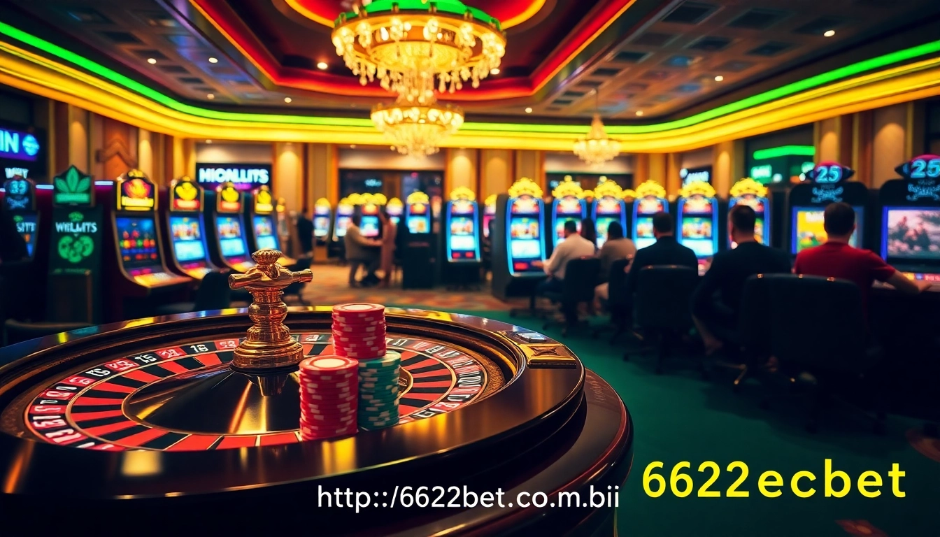Experience thrilling gambling excitement at https://622bett.com.br/ with a vibrant casino scene featuring poker and roulette.