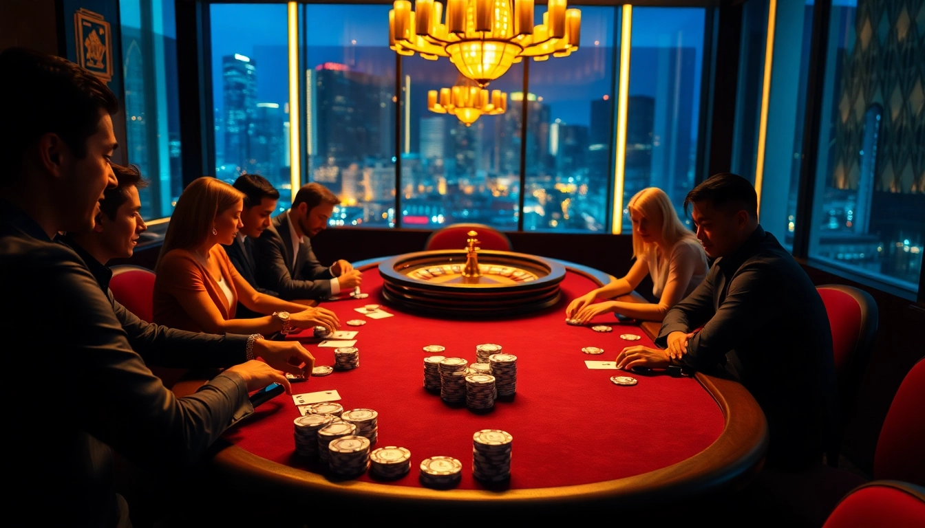 Players enjoying a high-stakes game of poker at a luxurious casino, showcasing jbo-themed decor.