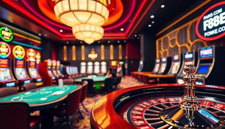 Experience thrilling gameplay with F8BET.COM at a vibrant casino, featuring poker chips and roulette wheels.