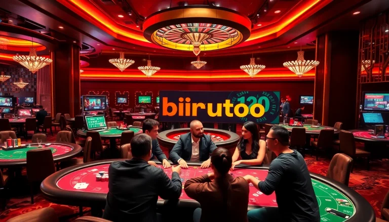 Players enjoying a thrilling birutoto experience at a vibrant casino table with chips and cards.