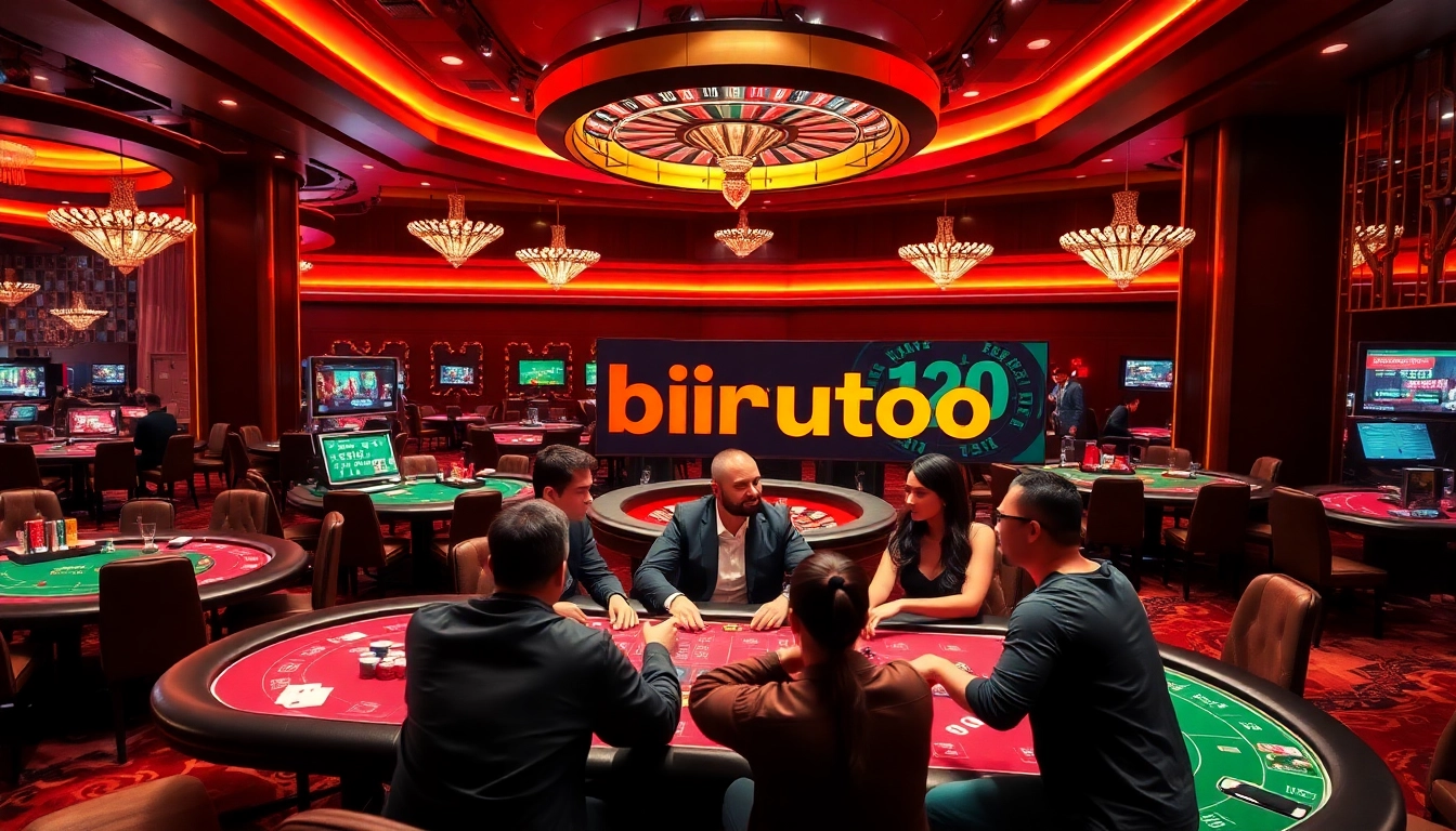 Players enjoying a thrilling birutoto experience at a vibrant casino table with chips and cards.