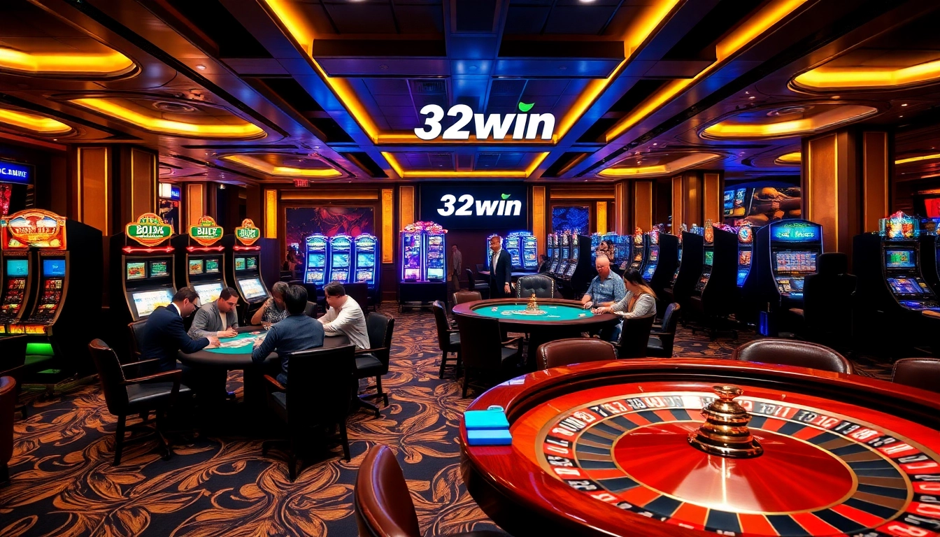 Players enjoy exciting games at 32win's luxurious casino, showcasing thrilling poker and roulette.