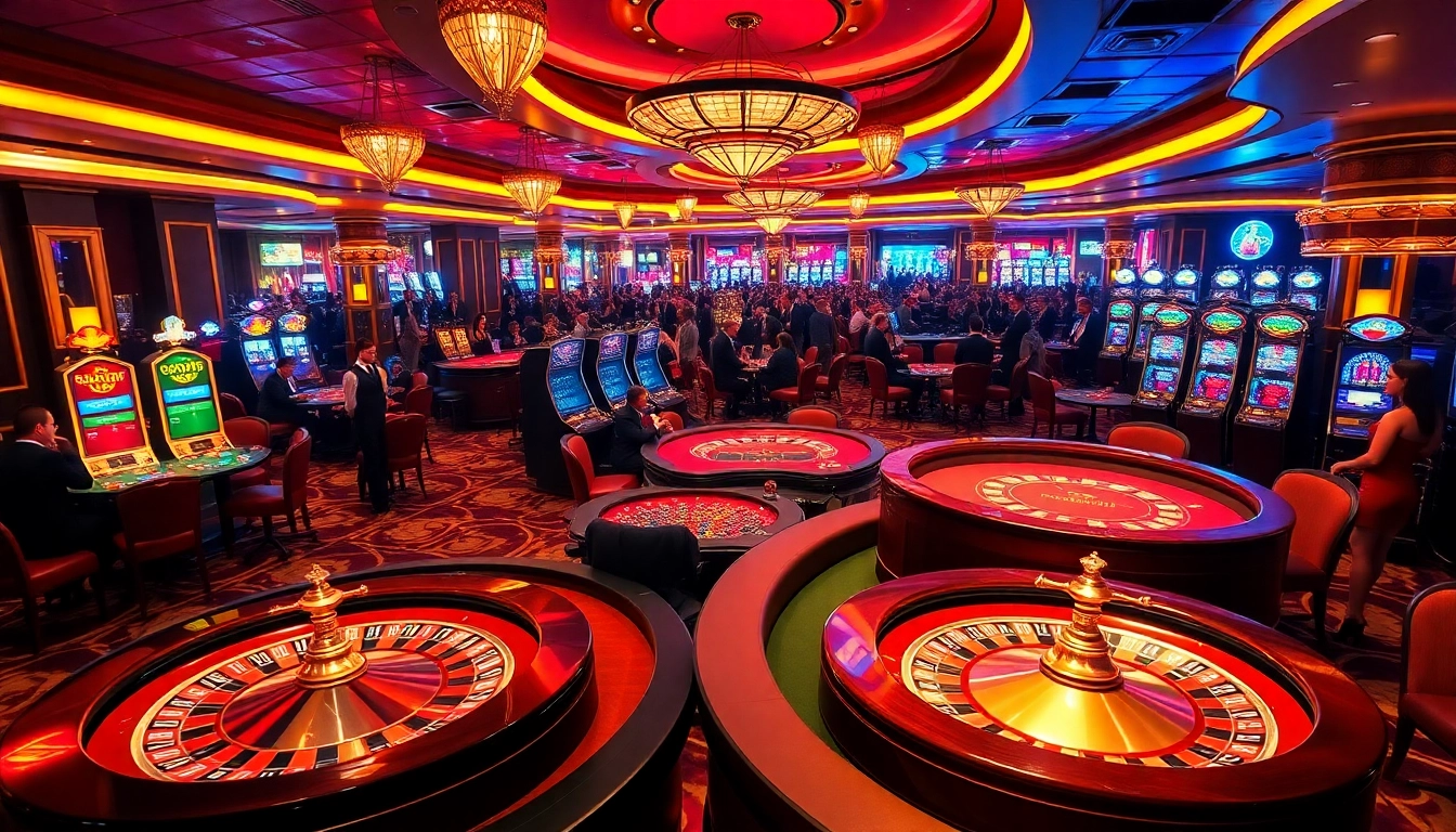 Excited gamblers playing at mm88-themed casino tables with roulette wheels and poker chips.