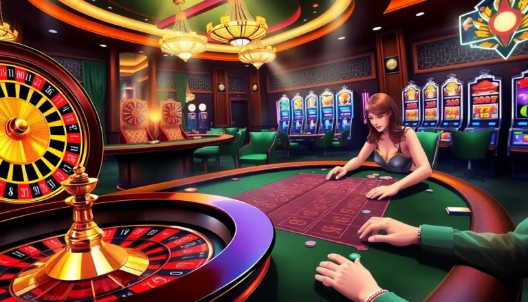 Players engaging in exciting blackjack action at Hello88 casino tables with vibrant roulette wheel.