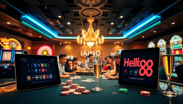 Hello88 engages players at a colorful poker table amid excited gambling action with vibrant slot machines.