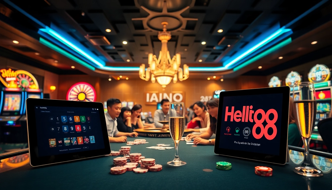 Hello88 engages players at a colorful poker table amid excited gambling action with vibrant slot machines.