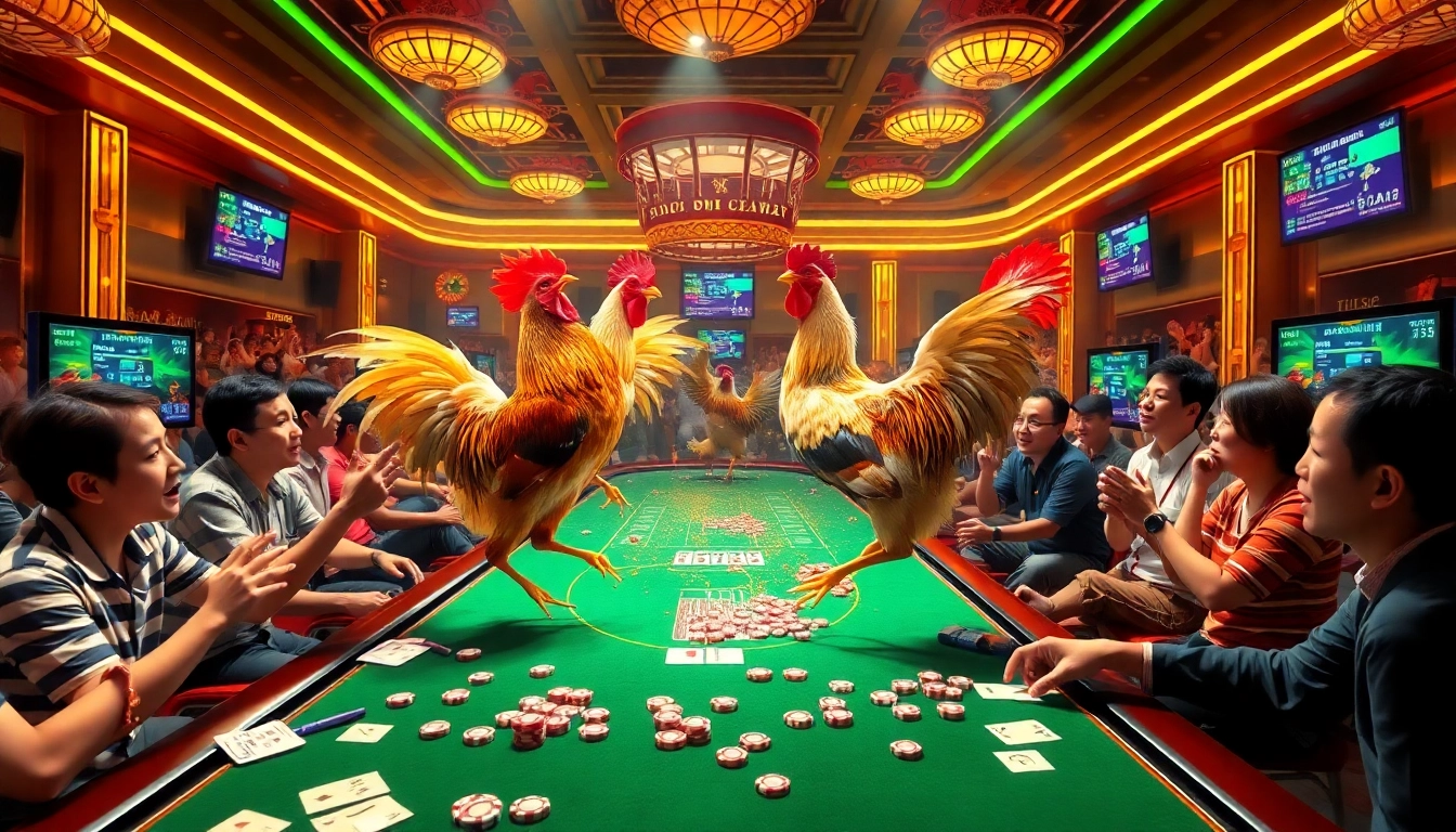 Engage with Đá Gà BJ38 as bettors cheer during live rooster fights in an exciting online casino atmosphere.