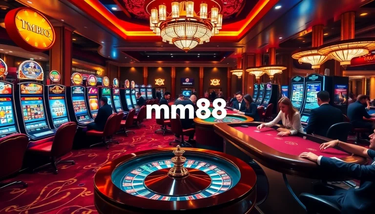 Engaging gamblers at mm88 thriving in a glamorous casino scene featuring slot machines and roulette.