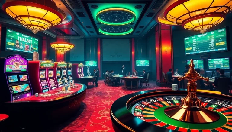Experience the excitement of THABET with an immersive online casino scene featuring vibrant slot machines and poker tables.