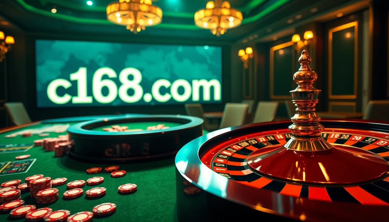 Catch the excitement with c168 com at an elegant casino table filled with poker chips and cards.