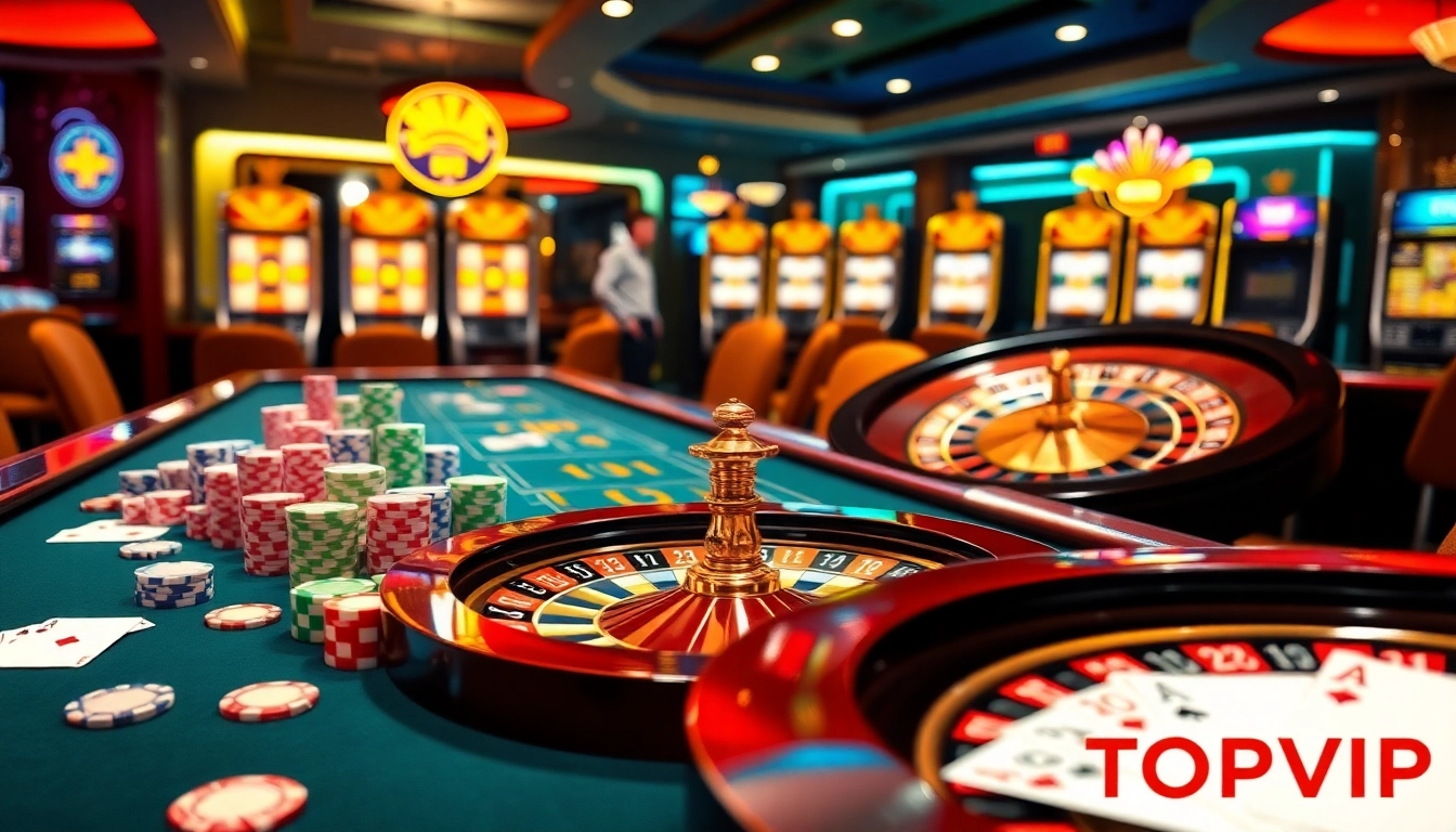 Experience the excitement of gaming at TOPVIP with vibrant casino tables and luxury elements.