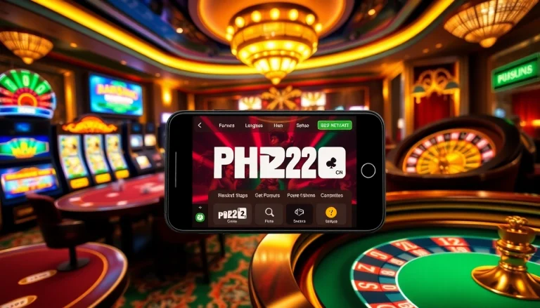 Engaging casino scene illustrating https://ph22.net.ph/ mobile app and vibrant slot machines.