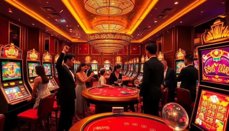Exciting scene showcasing players celebrating big wins at nổ hũ slot machines in a luxurious casino.