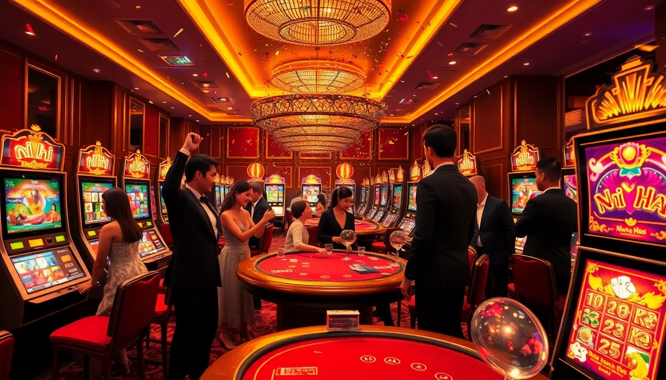 Exciting scene showcasing players celebrating big wins at nổ hũ slot machines in a luxurious casino.